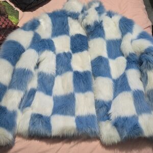 Blue and White Checkered Faux Fur Jacket
